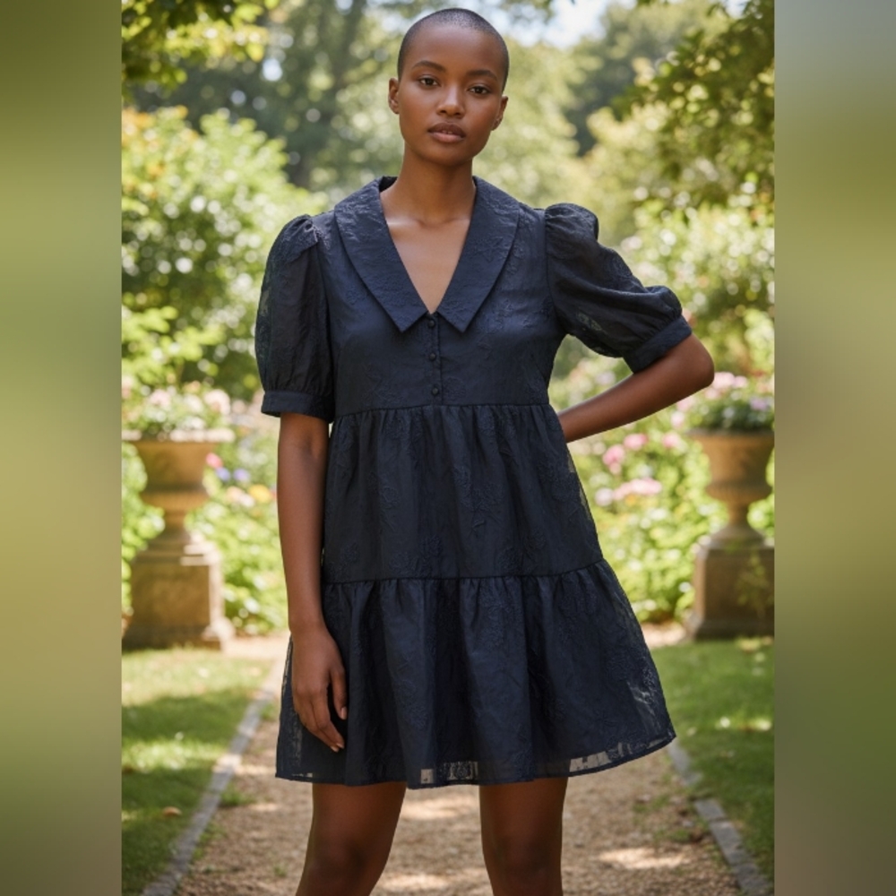 Sugar Lips Navy Jacquard Babydoll Dress Size XS